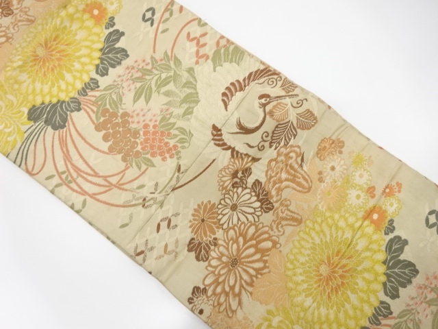 JAPANESE KIMONO / ANTIQUE MARU OBI / WOVEN CRANE & KIKU